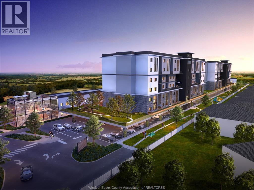 A rendering of a modern apartment complex with a parking lot in front.