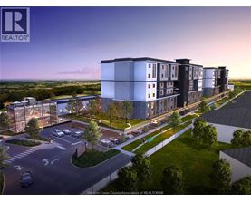 A rendering of a modern apartment complex with a parking lot in front.