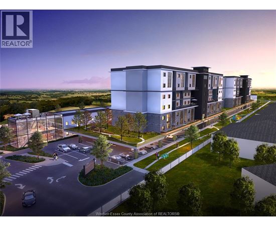 A rendering of a modern apartment complex with a parking lot in front.