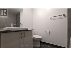 A white toilet sits in a bathroom with a sink and a towel bar.