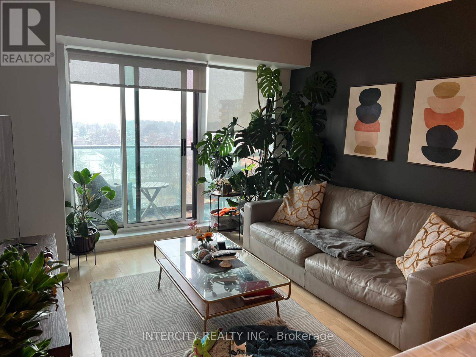 A living room with a couch, coffee table, and plants.