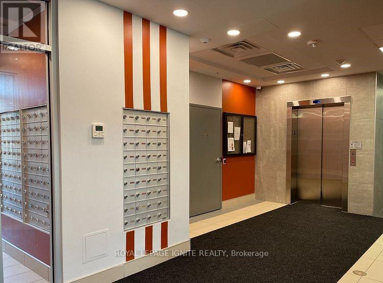 A hallway with a black carpet and a wall of mailboxes.