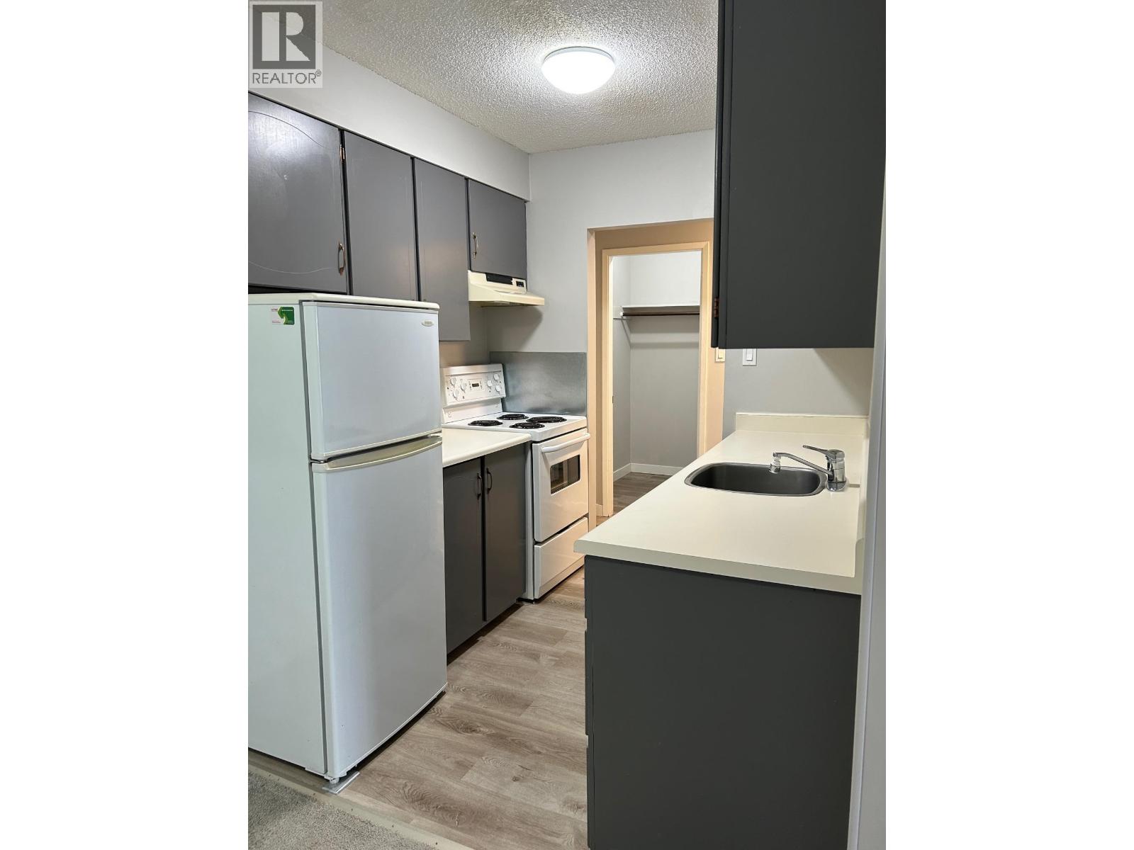 A kitchen with a white refrigerator, a sink, and a counter.