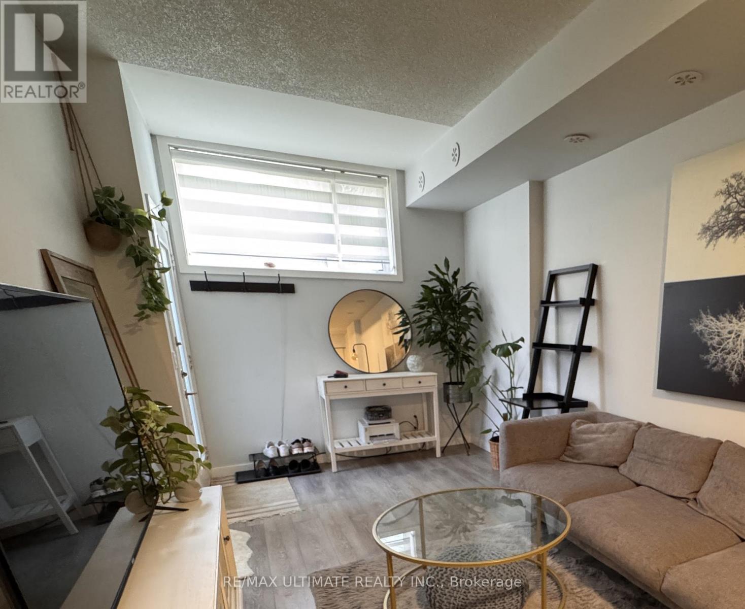 A living room with a couch, coffee table, and plants.
