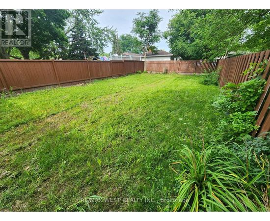 A backyard with a fence and green grass.