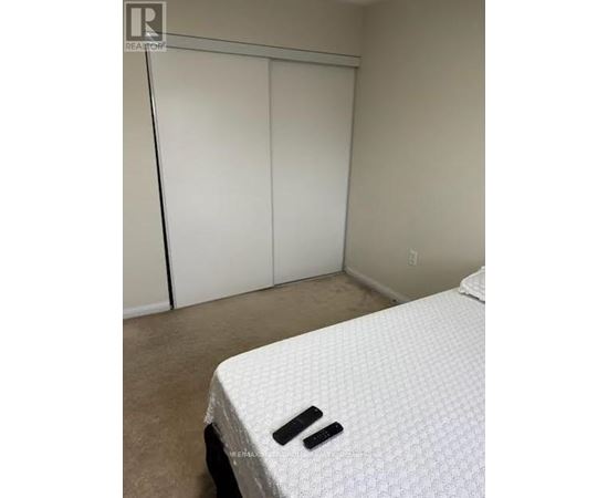 A bedroom with a bed and a closet.