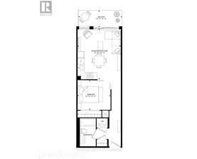 A black and white floor plan of a one bedroom apartment.
