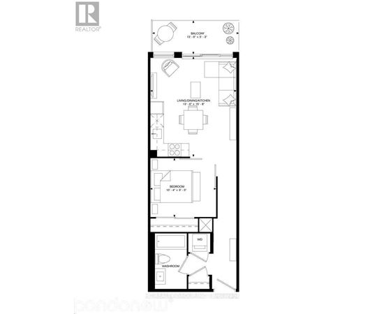 A black and white floor plan of a one bedroom apartment.