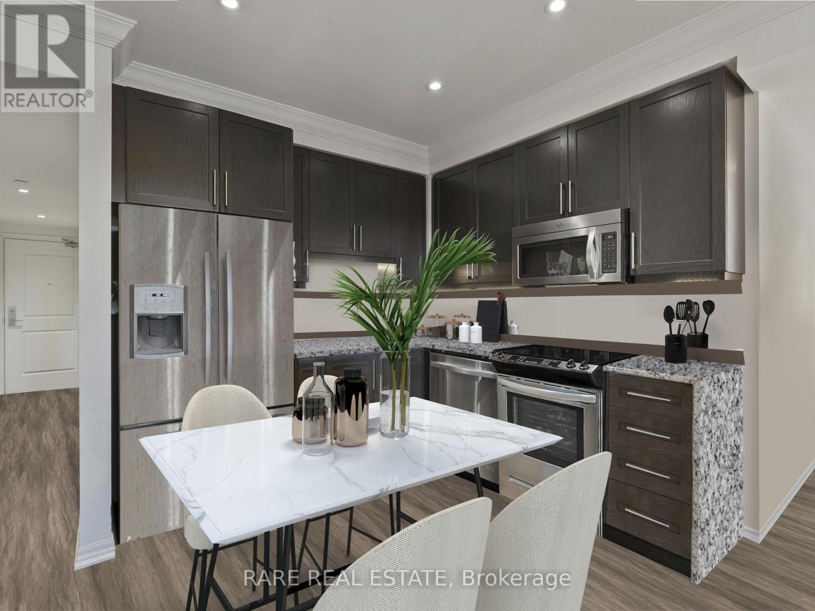 A modern kitchen with a white table and chairs.