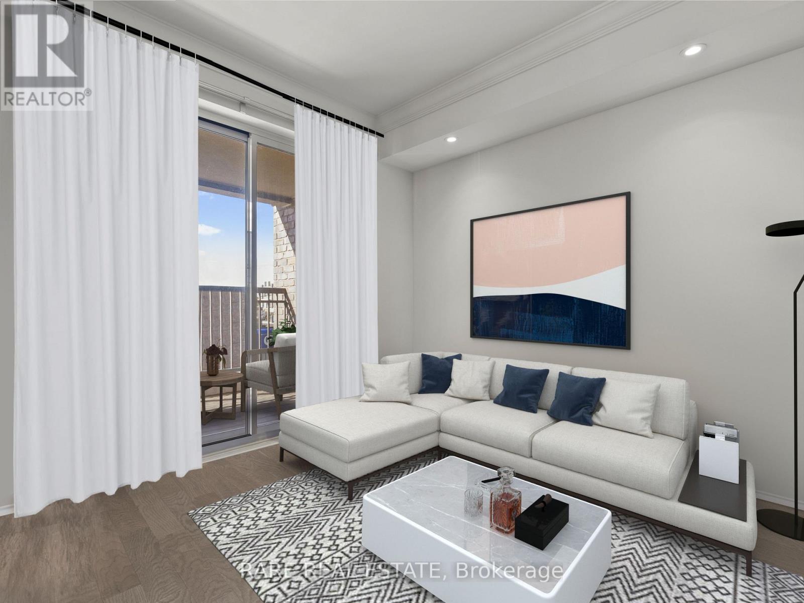 A modern living room with a white sofa and a large abstract painting on the wall.