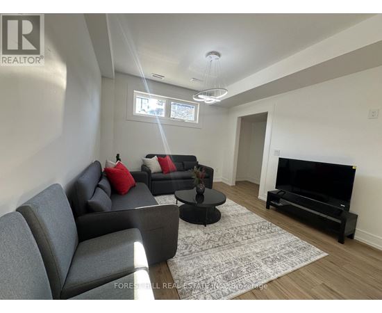 A living room with a grey couch and a black television.