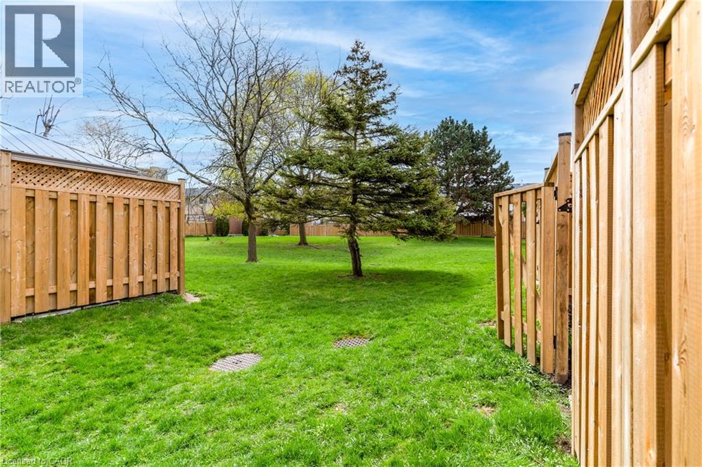 A grassy yard with a tree and wooden fence.