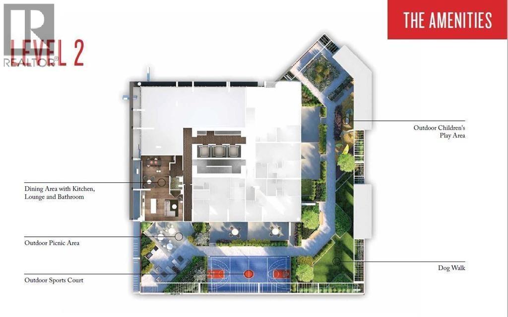 A floor plan of apartment amenities including a dining area, outdoor picnic area, sports court, and dog walk.