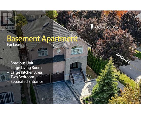 An aerial view of a basement apartment for lease, featuring a spacious unit, large living room, large kitchen area, two bedrooms, and a separated entrance.