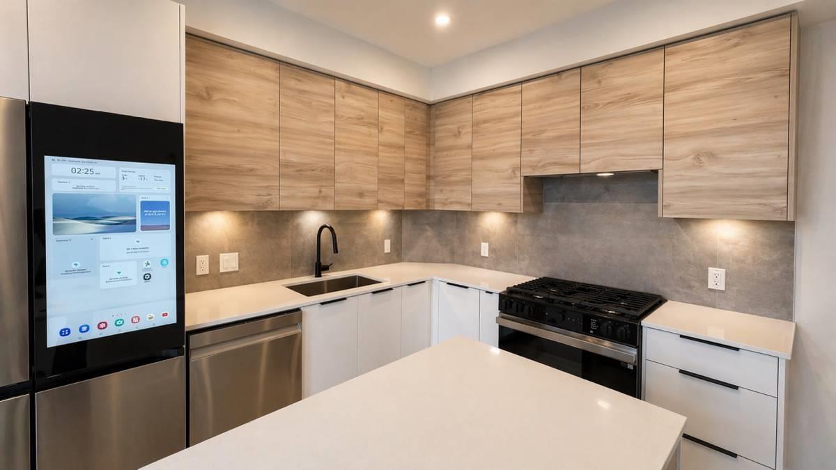 A modern kitchen with wooden cabinets and a white countertop.