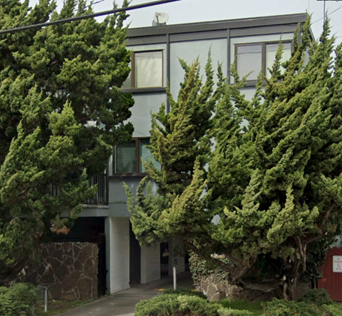 A modern house with a stone wall and a tree in front.