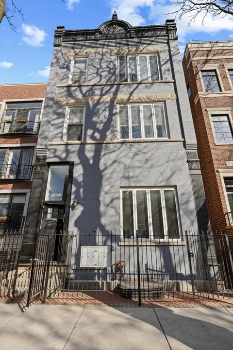 A tree casts a shadow on a building.