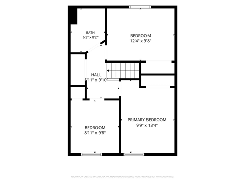 A floor plan of a house with a bath, two bedrooms, a hallway, and a primary bedroom.