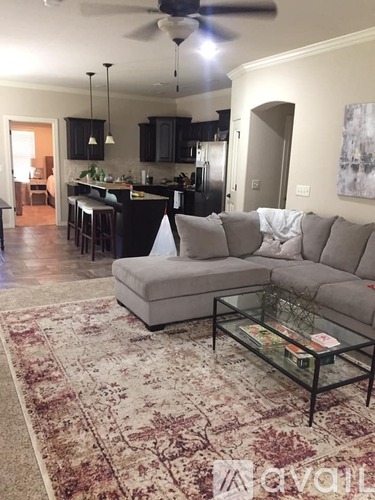 A living room with a grey couch and a rug.