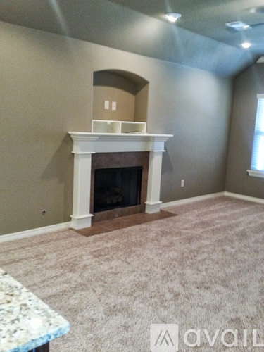 A living room with a fireplace and a carpet.