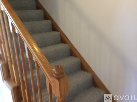 A staircase with a wooden handrail and grey carpeted steps.