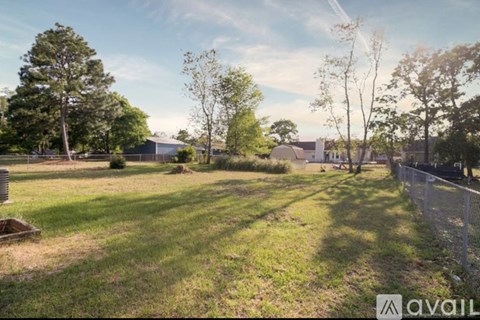 A grassy field with trees and a fence in the distance.