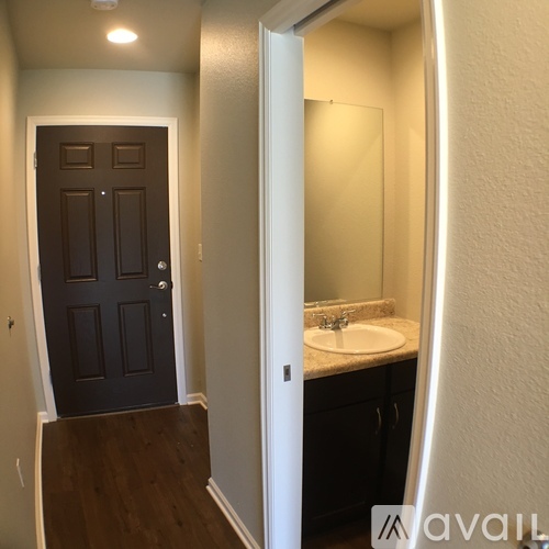 A bathroom with a brown door and a white sink.