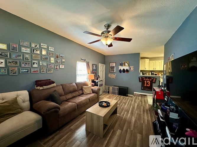 A living room with a brown couch and a ceiling fan.