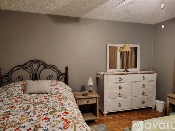 A bedroom with a bed, dresser, and mirror.