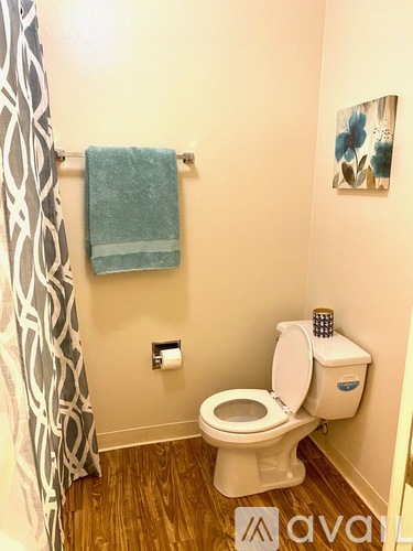 A toilet with a towel hanging on the wall.