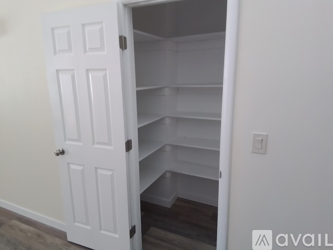 A white pantry door is open.