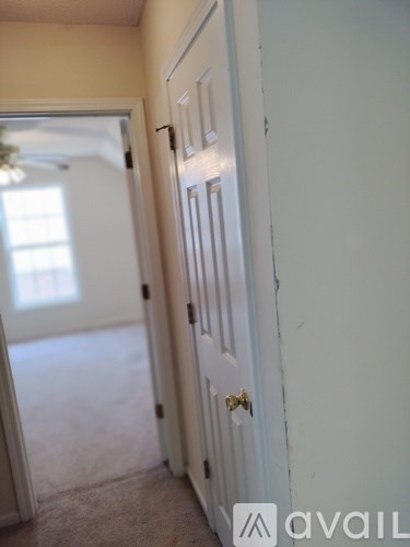 A white door with a gold handle is in a room with a carpeted floor.