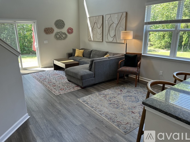 A living room with a grey couch and a rug.