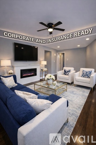 A living room with a sign that says Corporate and Insurance Ready.