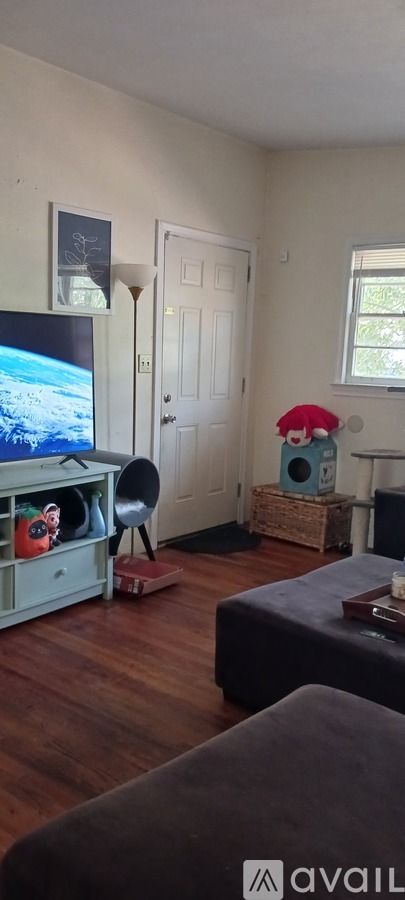 A living room with a grey couch and a white door.