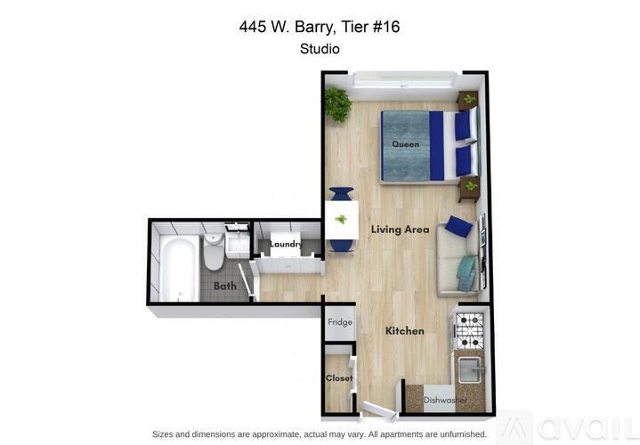 Floor plan of a studio apartment in the 445 W. Barry, Tier #16 building.