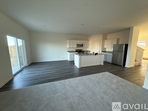 A spacious kitchen and living room with a grey rug on the floor.