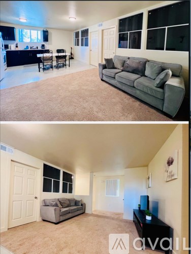 Two images of a living room with a grey couch and a black coffee table.