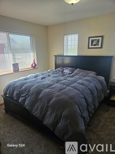 A bedroom with a bed covered in a blue comforter.
