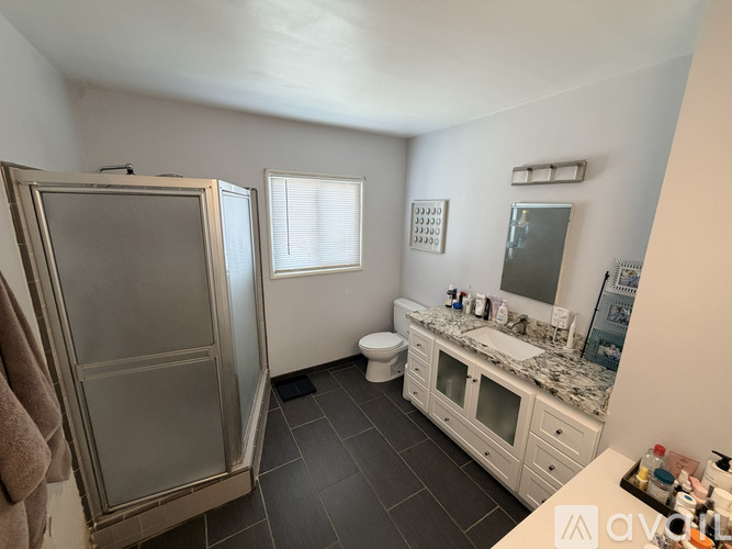 A bathroom with a walk-in shower, toilet, and sink.