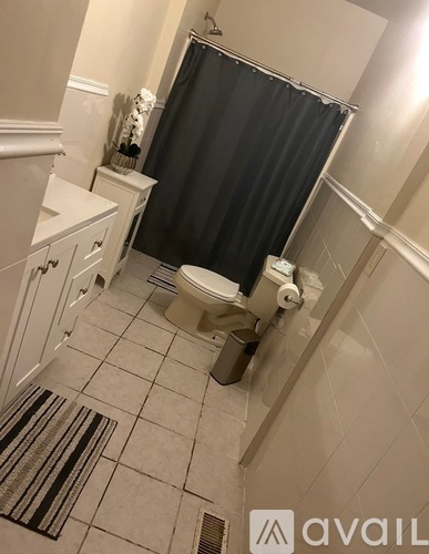 A bathroom with a toilet, sink, and shower curtain.