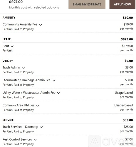 A table lists various fees and services with their respective costs per month for a rental agreement.