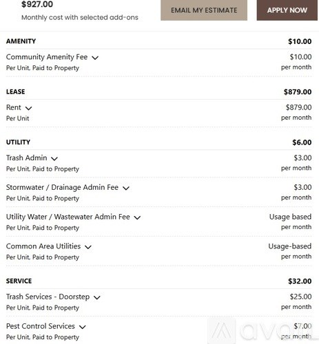 A table lists various fees and services with their respective costs per month for a rental agreement.