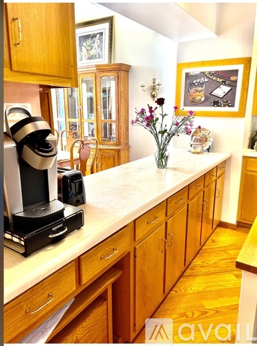 A kitchen with wooden cabinets and a coffee machine on the counter.