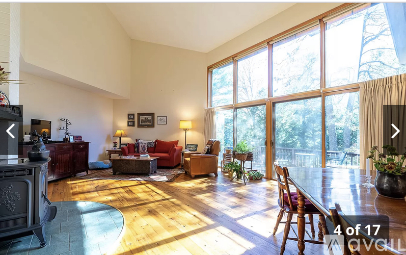 A living room with a wood floor and a wood burning stove.