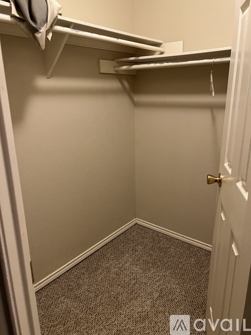 A small, empty closet with a carpeted floor and a white door.