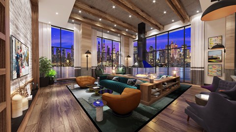 A modern living room with a large window overlooking the city at night.