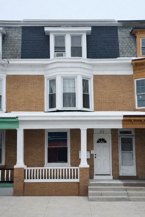A two-story brick house with a white door and windows.