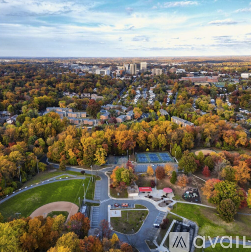 An aerial view of a park with a playground and a tennis court surrounded by trees with autumn foliage.