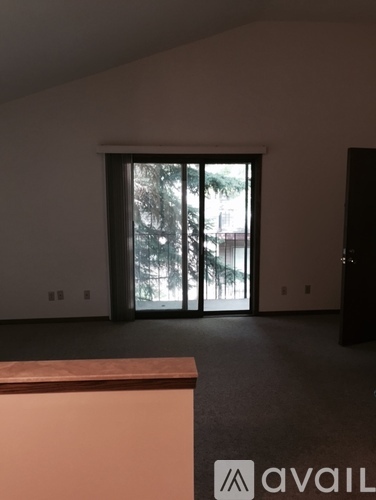 A room with a large window and a carpeted floor.